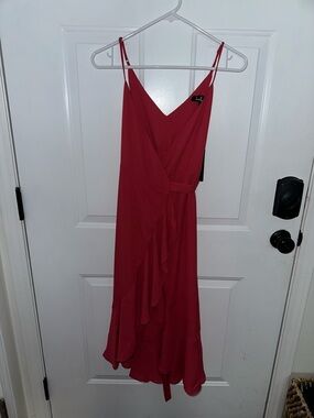 Lulu's Crimson Wrap Midi Dress with Ruffle Detail